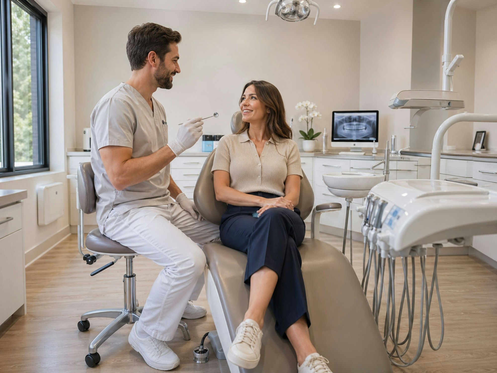 Dentist talking with a patient in a modern dental office Dentist talking with a patient in a modern dental office