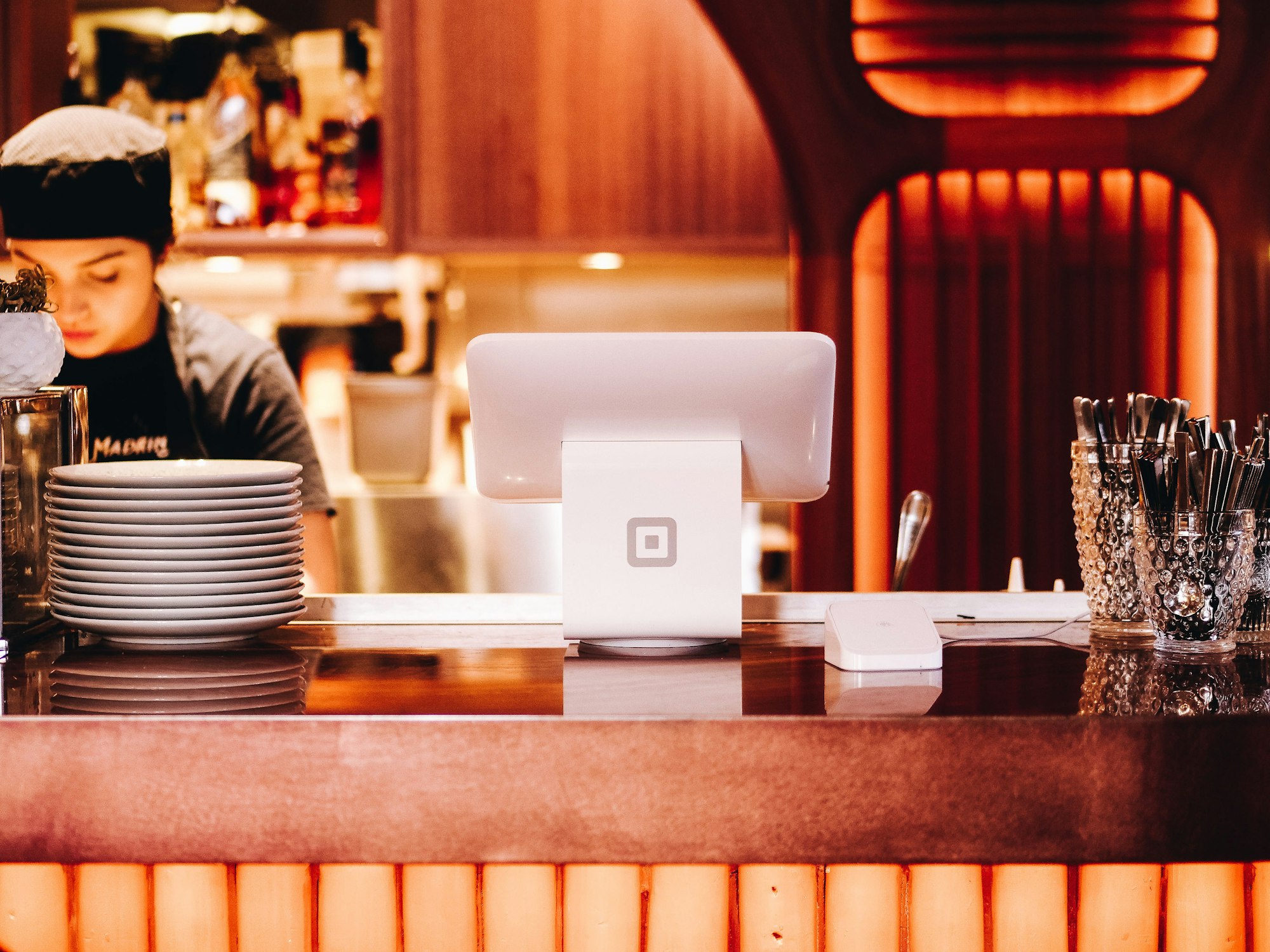 Point of sale terminal on a restaurant bar Point of sale terminal on a restaurant bar